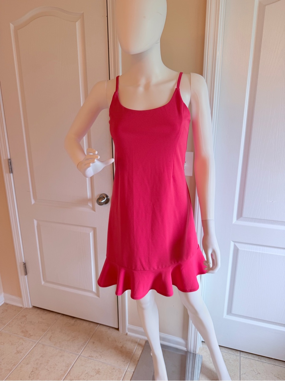 Aqua Hot Pink Ruffle-Hem Slip Mini Dress with Spaghetti Straps Like New Size M